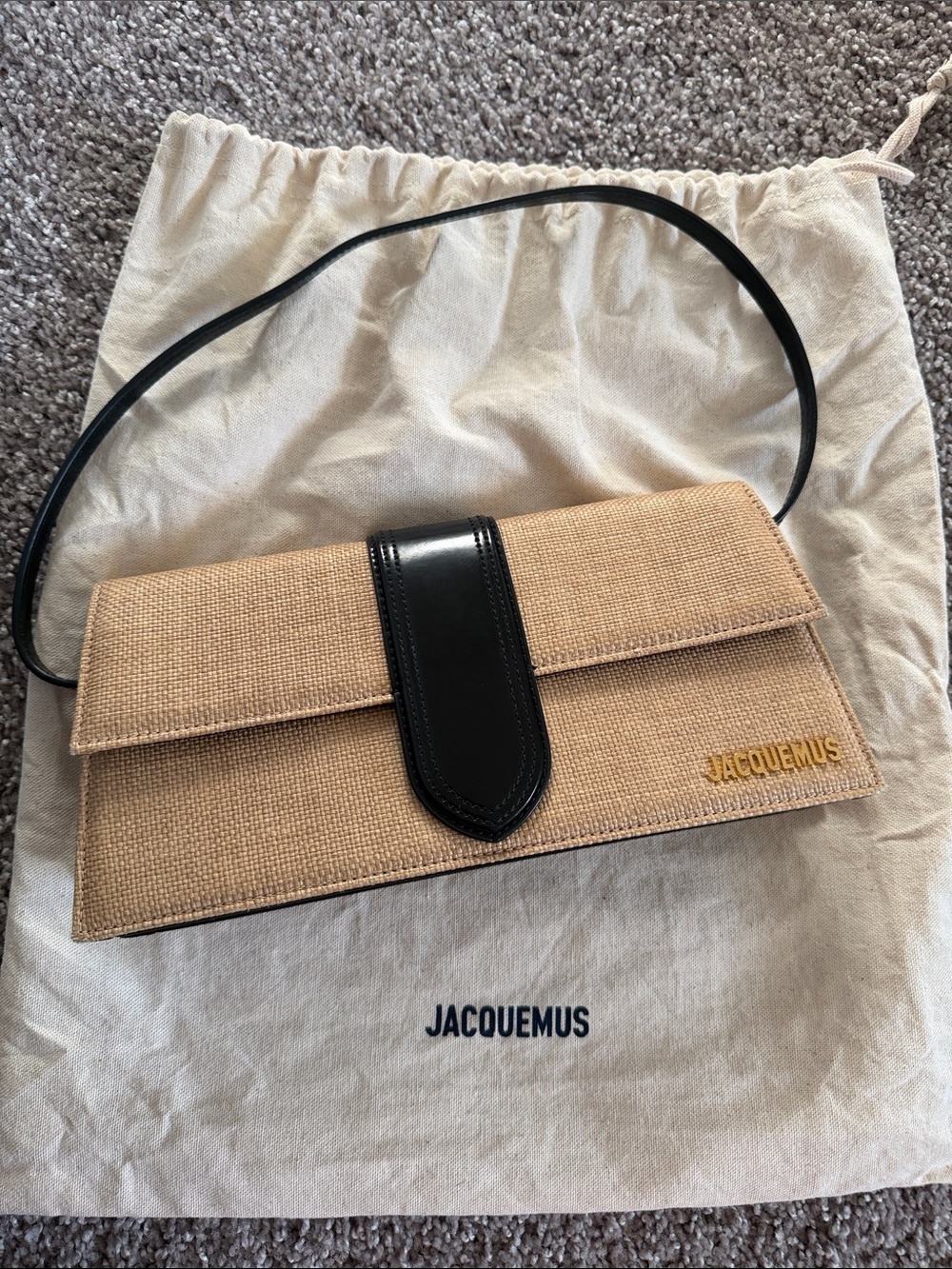 Jacquemus Beige Raffia Shoulder Clutch with Black Leather Trim
